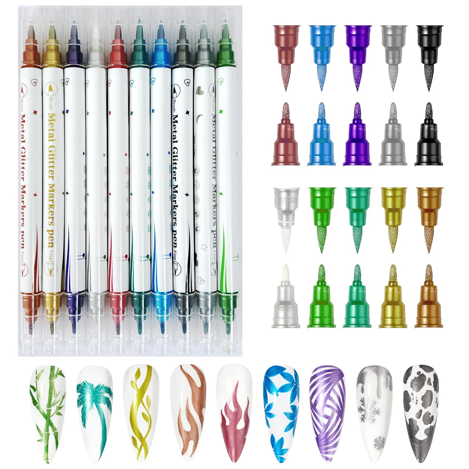 10 Colors Double Ended Metallic Nail Art Marker Pens, 3D Metallic Nail Graffiti Dotting Drawing Point Pen Sets Nail Art Painted Pen Nail Design Kit for Nail Design Nail DIY Decoration