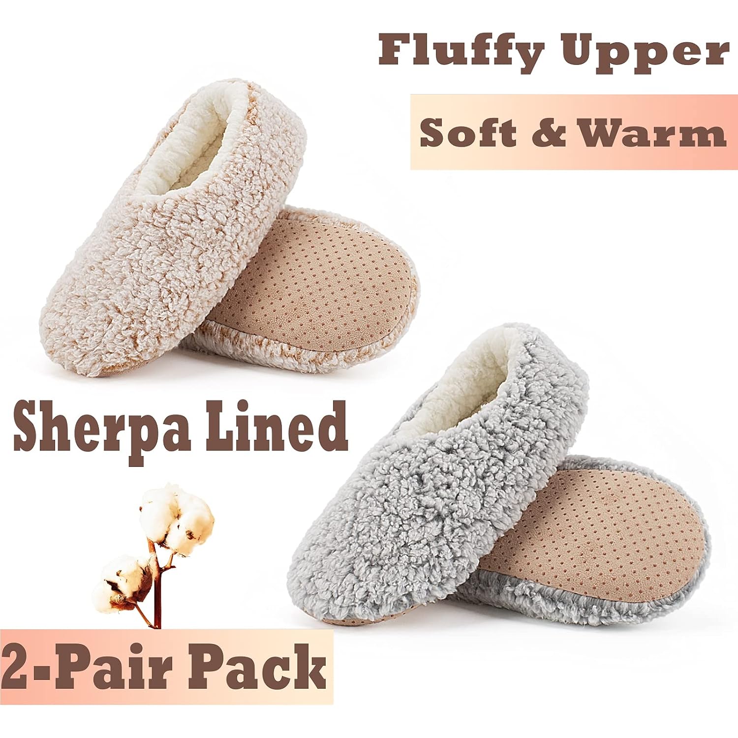 Cozylook 2-Pair Slipper Socks For Women Non Slip Soft Sole Slippers | Fuzzy Or Knit Uppers, Plush Sherpa Lining, Gripper Dots, Elastic Heel, Warm Indoor Comfort, Gift-Ready Packaging