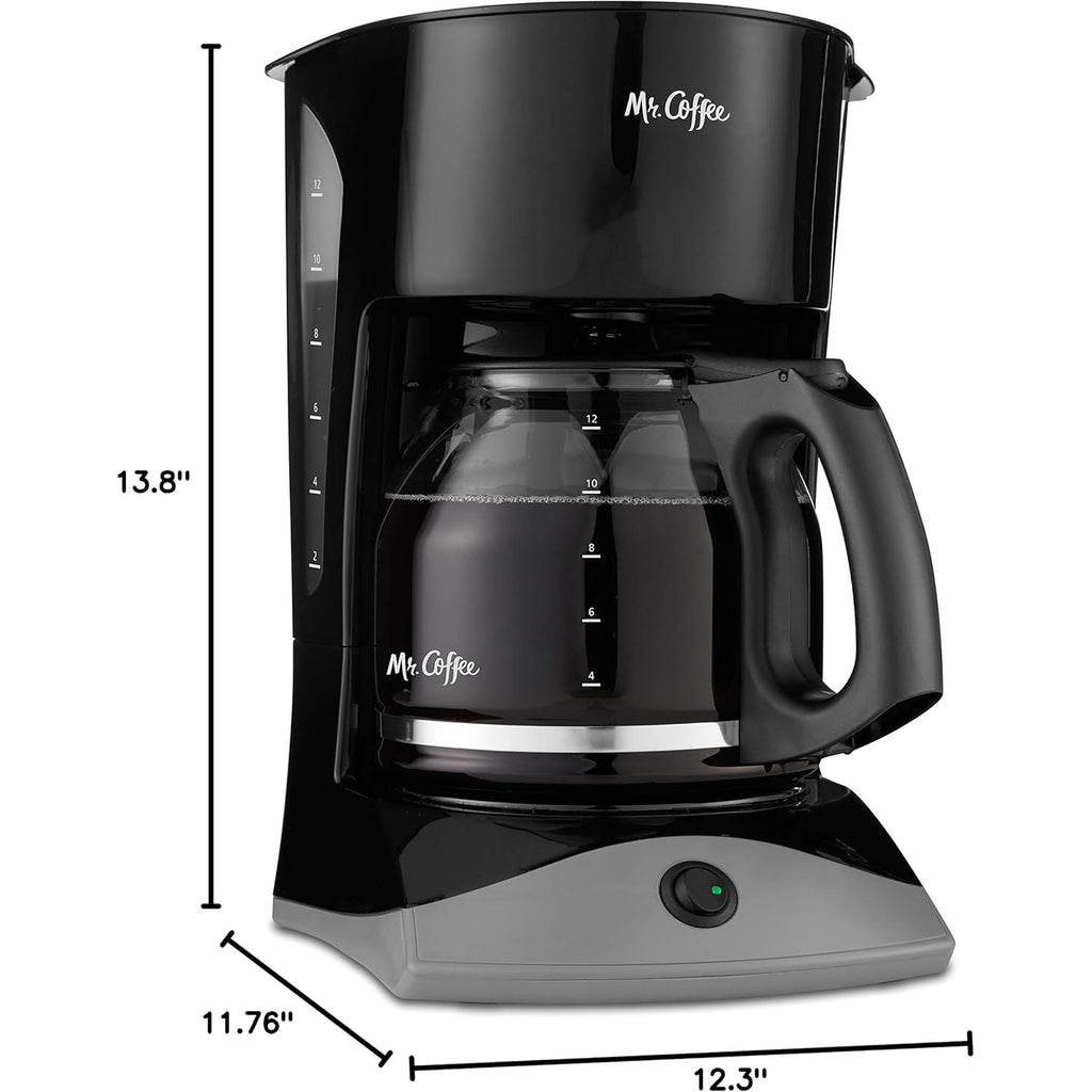Mr. Coffee Black Coffee Maker, 12 Cups, with Auto Pause and Glass Carafe, Perfect for Home and Office Use