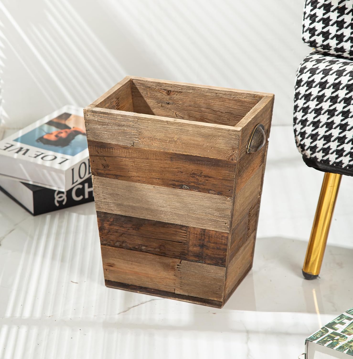 Small Wood Trash Can, Farmhouse Rectangular Garbage Can Waste Basket, Rustic Distressed Reclaimed Wood Wastebasket, Vintage Wooden Trash Recycling Bin Storage Basket With Metal Handles (Natural)
