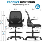 Drafting Chair Tall Office Chair, Ergonomic Standing Desk Chair With Adjustable Foot Ring And Flip-Up Armrests, Mesh Computer Chair For Art Studio, 300 Lbs, Black