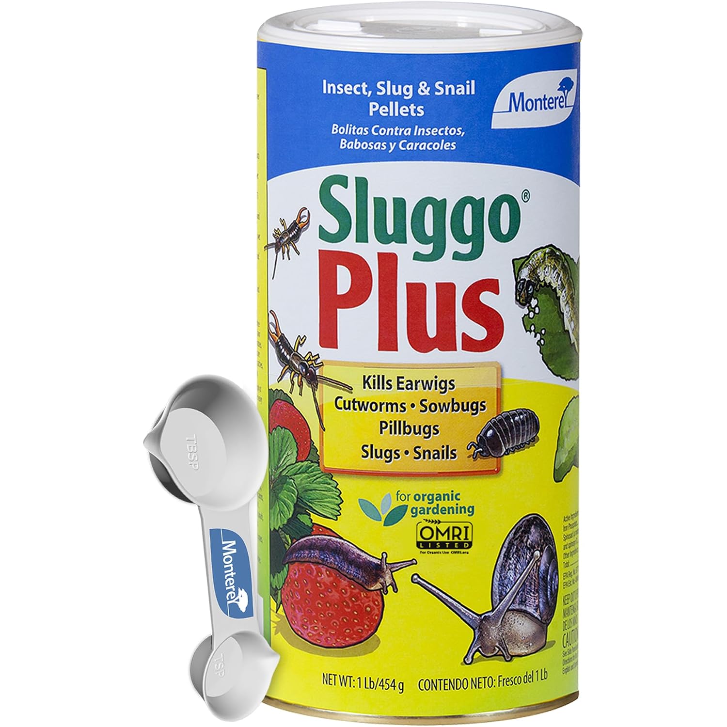 Monterey Sluggo Plus Bundled With Measuring Spoon - Snail & Slug Killer, Plus Controls Other Insects, Omri Listed For Organic Gardening - 1 Lb