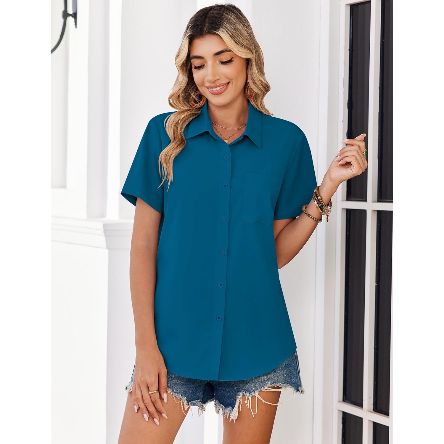 Women Blouses Short Sleeve Button Down Shirts Business Casual Dressy Work Tops Summer Spring Clothes
