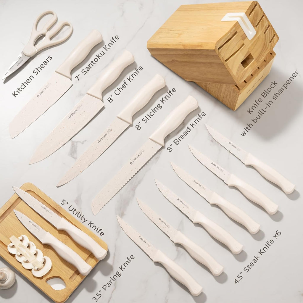 Astercook Knife Set, 15 Pieces Kitchen Knife Set with Sharpener Block, German Stainless Steel Knives with Anti-Rust Coating, Dishwasher Safe, Elegant Cream White Design, Perfect for Holiday Gifts