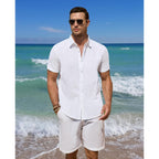 Linen Shirts For Men Short Sleeve Button Down Shirts Summer Beach Casual | Linen And Cotton Blend, Lightweight, No Pocket, Fitted, Button Up Dress Shirt, Fashion Vacation Wedding Tropical Resort