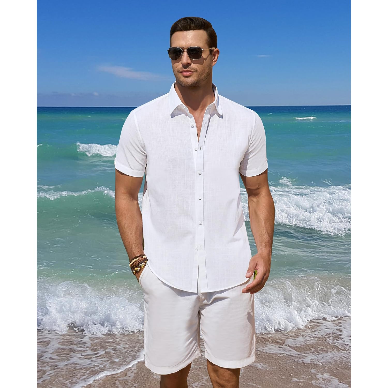 Linen Shirts For Men Short Sleeve Button Down Shirts Summer Beach Casual | Linen And Cotton Blend, Lightweight, No Pocket, Fitted, Button Up Dress Shirt, Fashion Vacation Wedding Tropical Resort