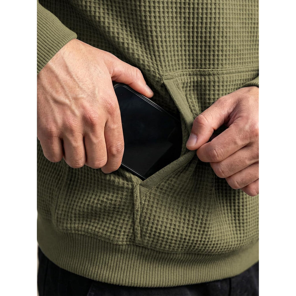 Men'S Quarter Zip Hoodie Waffle Knit Hooded Sweatshirt Loose Fit Casual Long Sleeve Pullover With Pockets