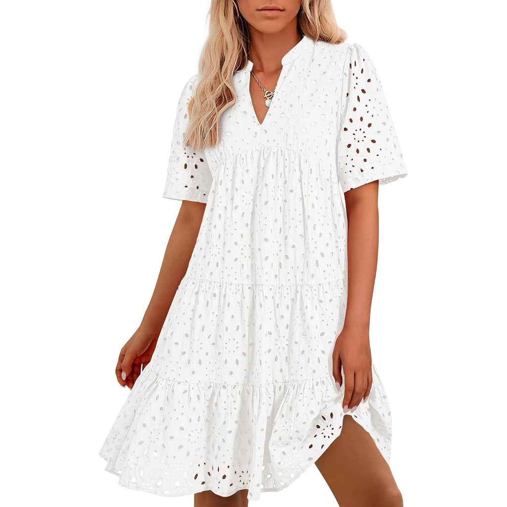 Btfbm Womens Boho Summer Dresses 2026 Spring V Neck Short Sleeve Hollow Out Lace Ruffle Casual Beach Mini Vacation Dress