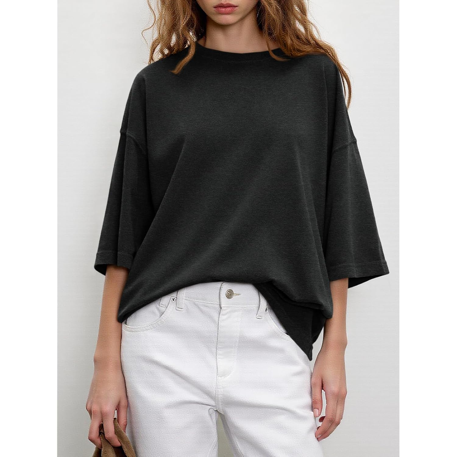 Tankaneo Womens Oversized Half Sleeve T-Shirts Summer Casual Crew Neck Tunic Tops Loose Fit Boxy Basic Tees