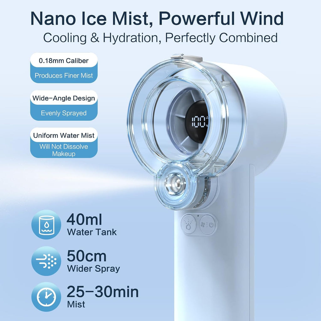 2-In-1 Handheld Misting Fan, Portable Water Spray Fan Rechargeable With 5 Speeds & Led Display, Personal Mini Cooling Fan With Detachable Tank, Summer Gifts For Women, Men - Blue