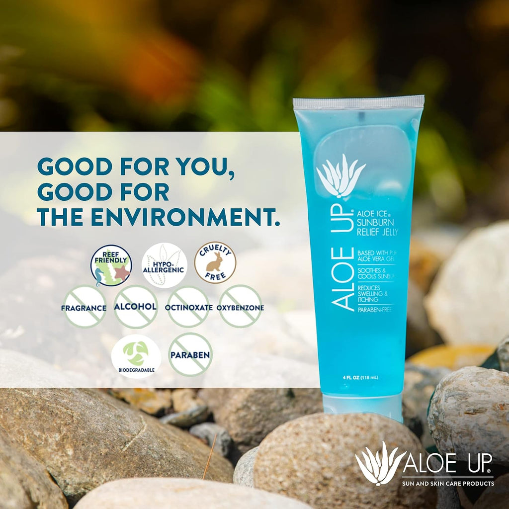 Aloe Up Aloe Vera Gel For Sunburn Relief – Cooling After Sun Jelly For Face & Body – 96.6% Pure Gel –, Water Resistant For Up To 80 Minutes, Alcohol & Fragrance Free – 4 Oz