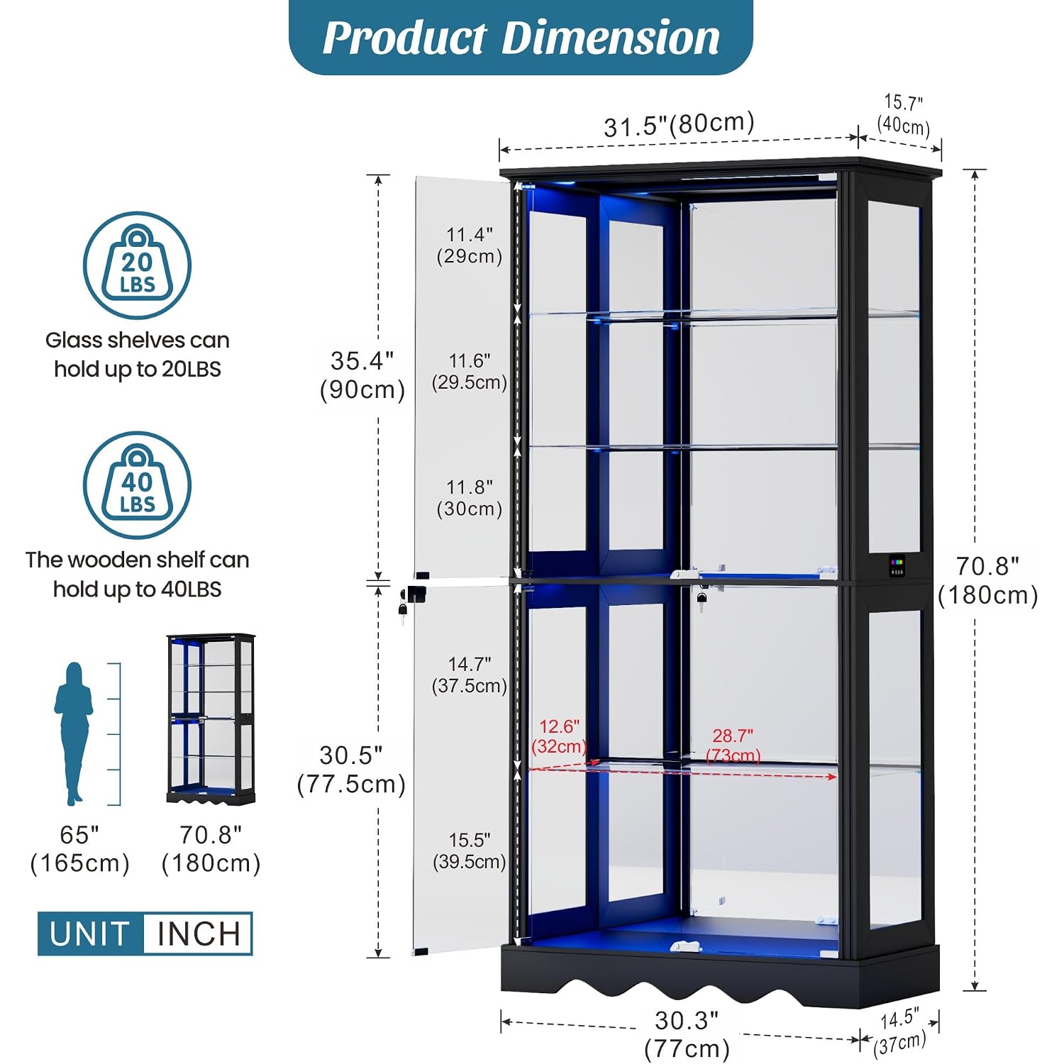 Dystler Display Cabinet With Glass Doors, Rgb Lights For Collectibles | 71'' Tall With Adjustable Shelves, Human Sensor Led Lighting Curio Cabinet, Black
