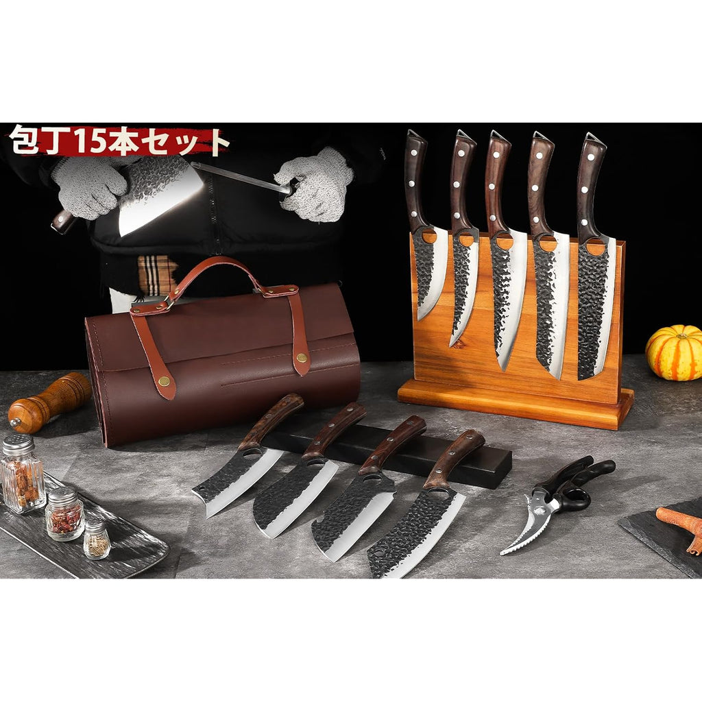Drgskl Serbian Chef Knife Set - 10 Pcs Hand Forged Knife Set With Bag | Japanese Ats-34 Steel, Hand Forged Full Tang Knife, Ebony Handle, Anti-Stick Pounding Texture, Full Accessory Kit, Ideal Gift