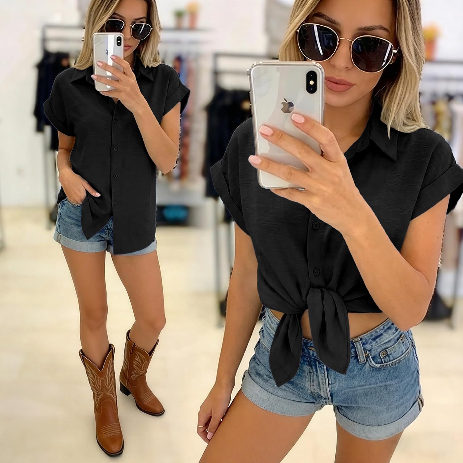 Jekaoyi Womens Button Down Shirts, Cotton Linen Short Sleeve Button Up Shirt Casual Spring Blouses Summer Vacation Tops