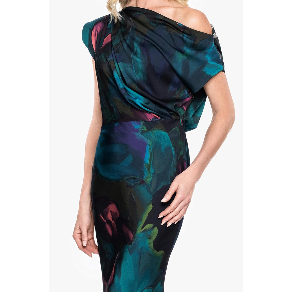 Betsy & Adam Women'S Long Satin Abstract Floral Print, Asymmetrical Neckline Evening Dress With Short Sleeve