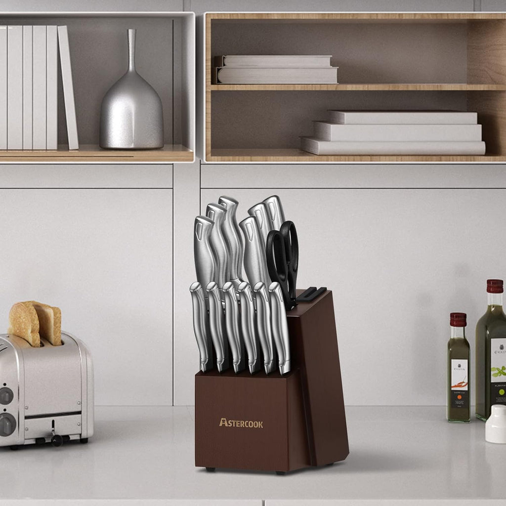 Astercook Knife Set, 15-Piece Kitchen Knife Set with Block, Built-in Knife Sharpener, German Stainless Steel Knife Block Set, Dishwasher Safe Kitchen Utensils Set