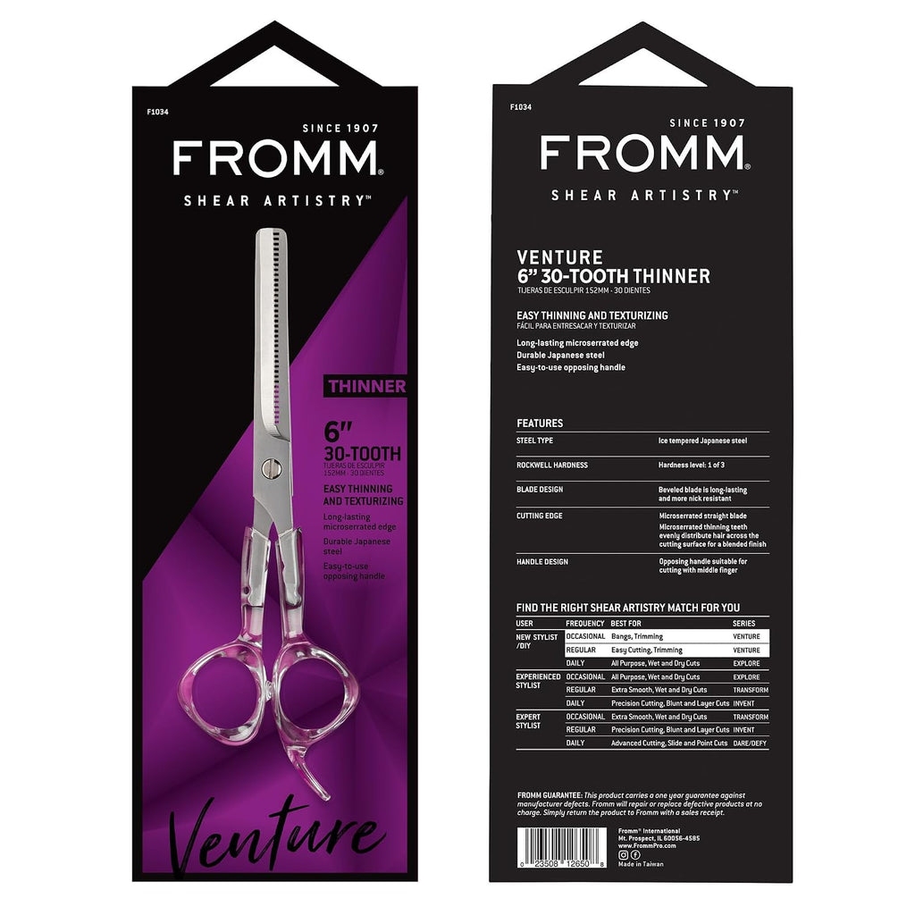 Fromm Professional Venture 5.75" 30-Tooth Easy Hair Thinning & Texturizing Shears In Clear & Matte Silver Japanese Steel Scissors With Beveled Blade For New Salon Stylist & Diy Home Use