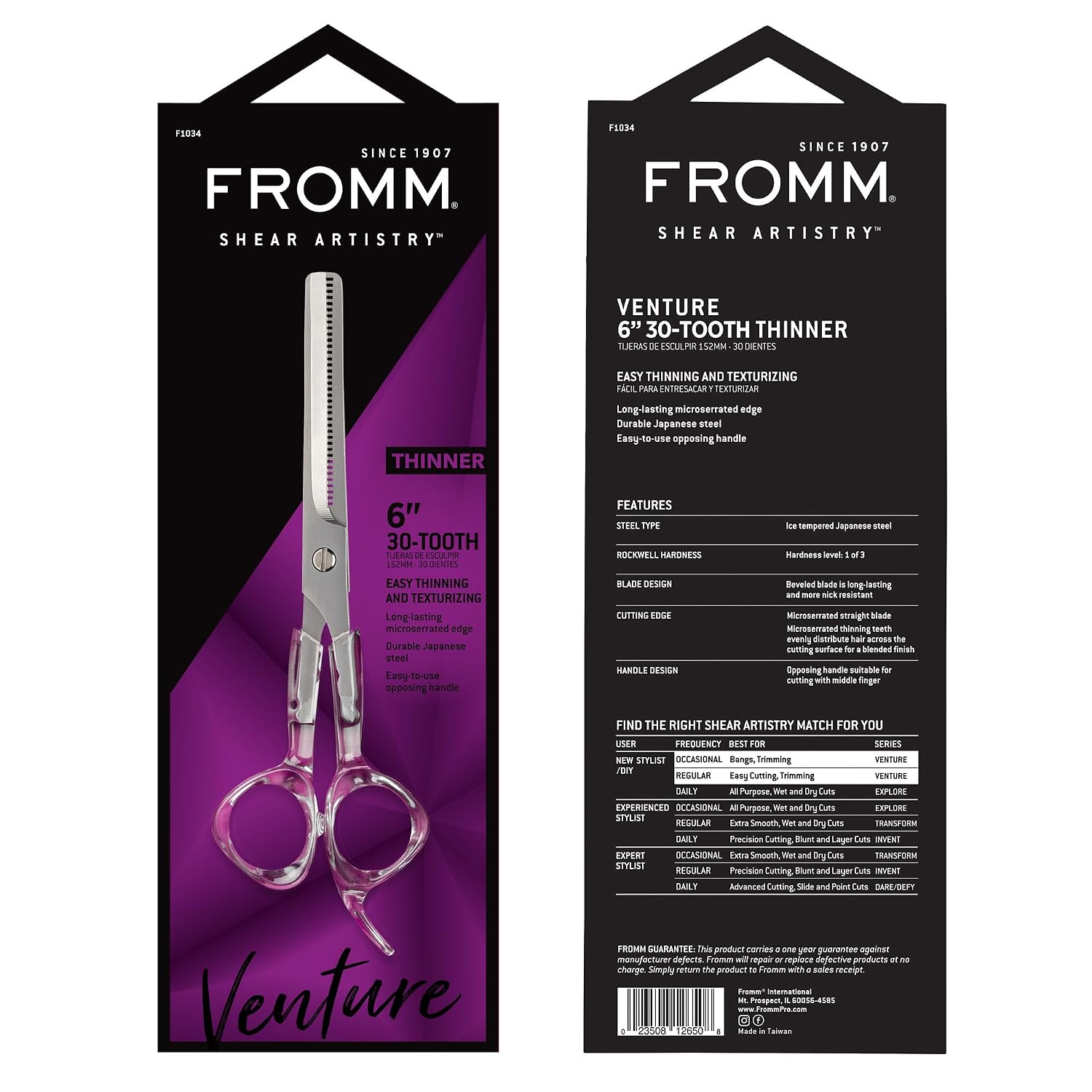 Fromm Professional Venture 5.75" 30-Tooth Easy Hair Thinning & Texturizing Shears In Clear & Matte Silver Japanese Steel Scissors With Beveled Blade For New Salon Stylist & Diy Home Use