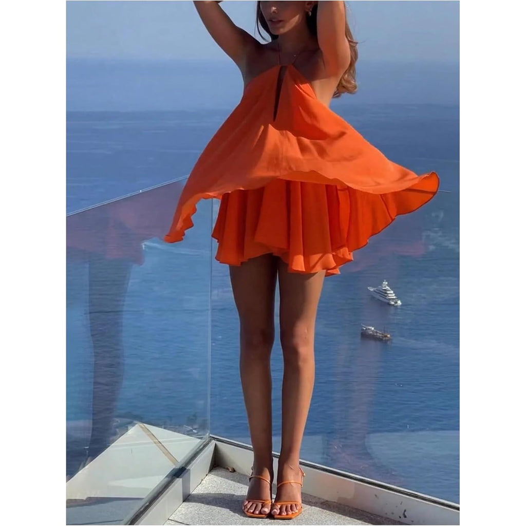 Soly Hux Women'S Mini Dress Halter Neck Sleeveless Tie Backless Swing Flowy Beach Dresses Summer Vacation Clothes