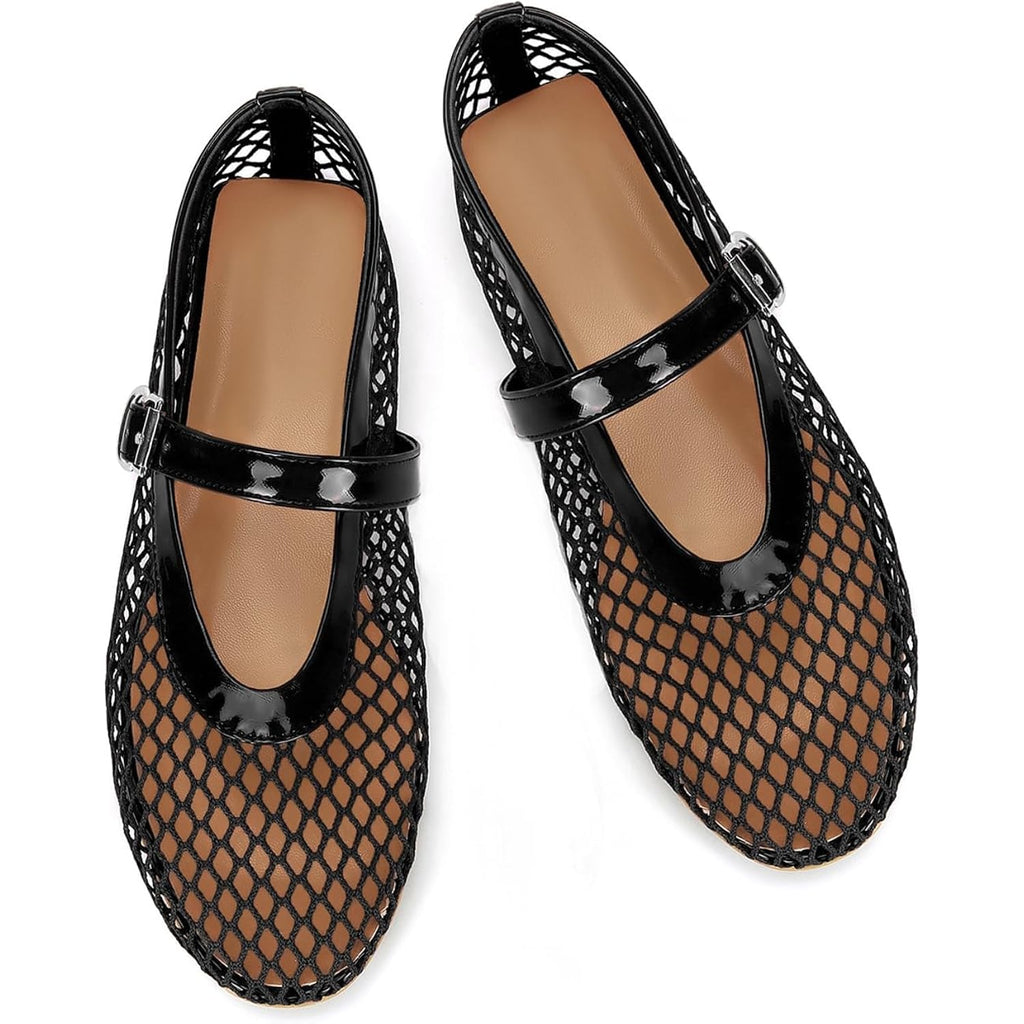 Doeyg Mesh Ballet Flats For Women Buckle Strap Comfy Casual Office Fishnet Ballerina Flat Shoes