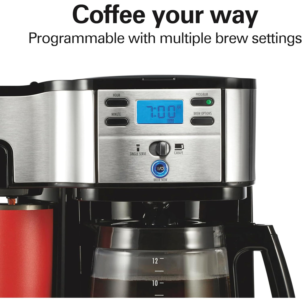 Hamilton Beach 2-Way Programmable Coffee Maker, 12 Cup Glass Carafe And Single Serve Coffee Maker, Black with Stainless Steel Accents, 49980RG