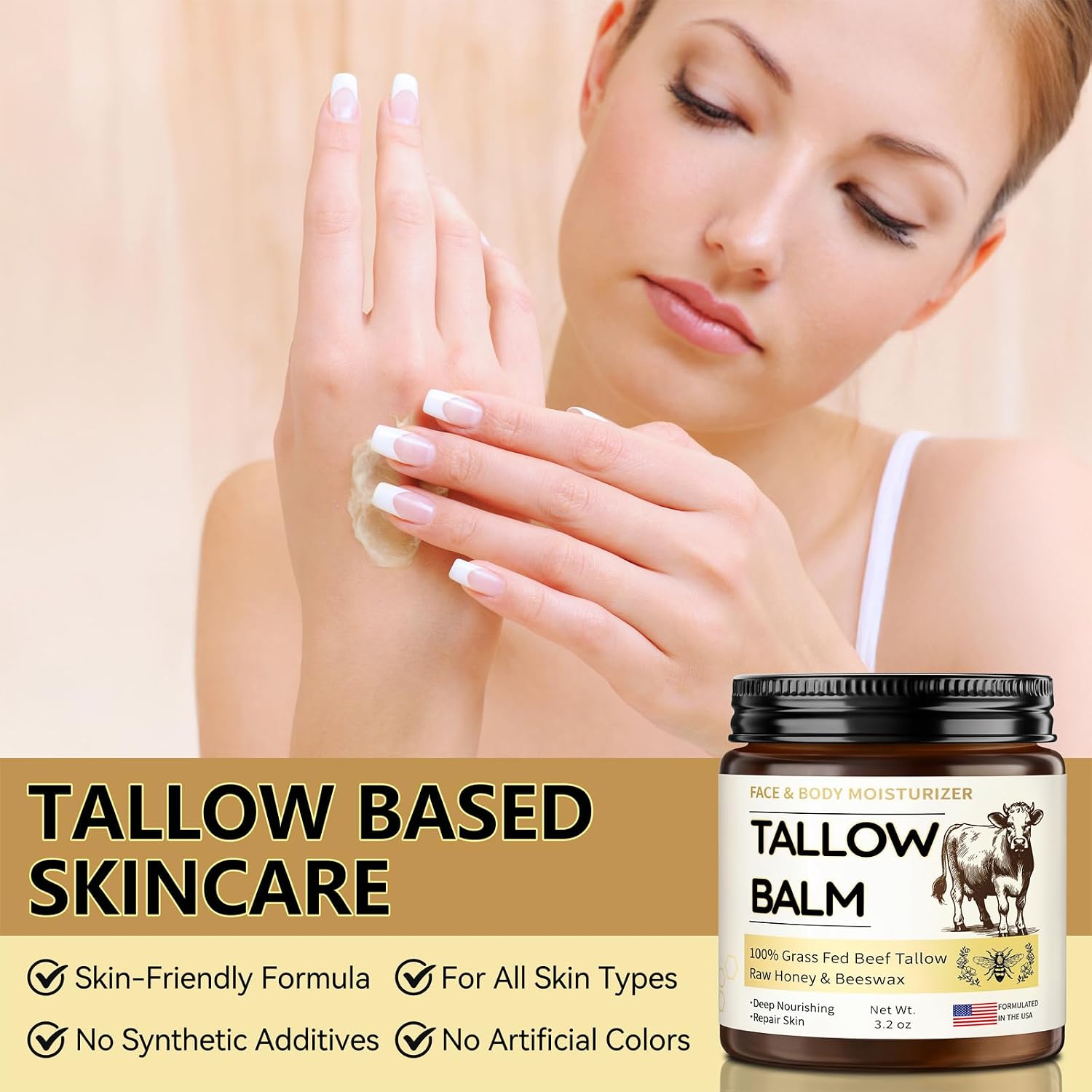 Veakoo Beef Tallow For Skin, Organic Whipped Tallow And Honey Balm, Grass Fed Beef Tallow Face Moisturizer, Natural Tallow Skin Care Cream Body Butter, Nourish And Soothe Dry Skin