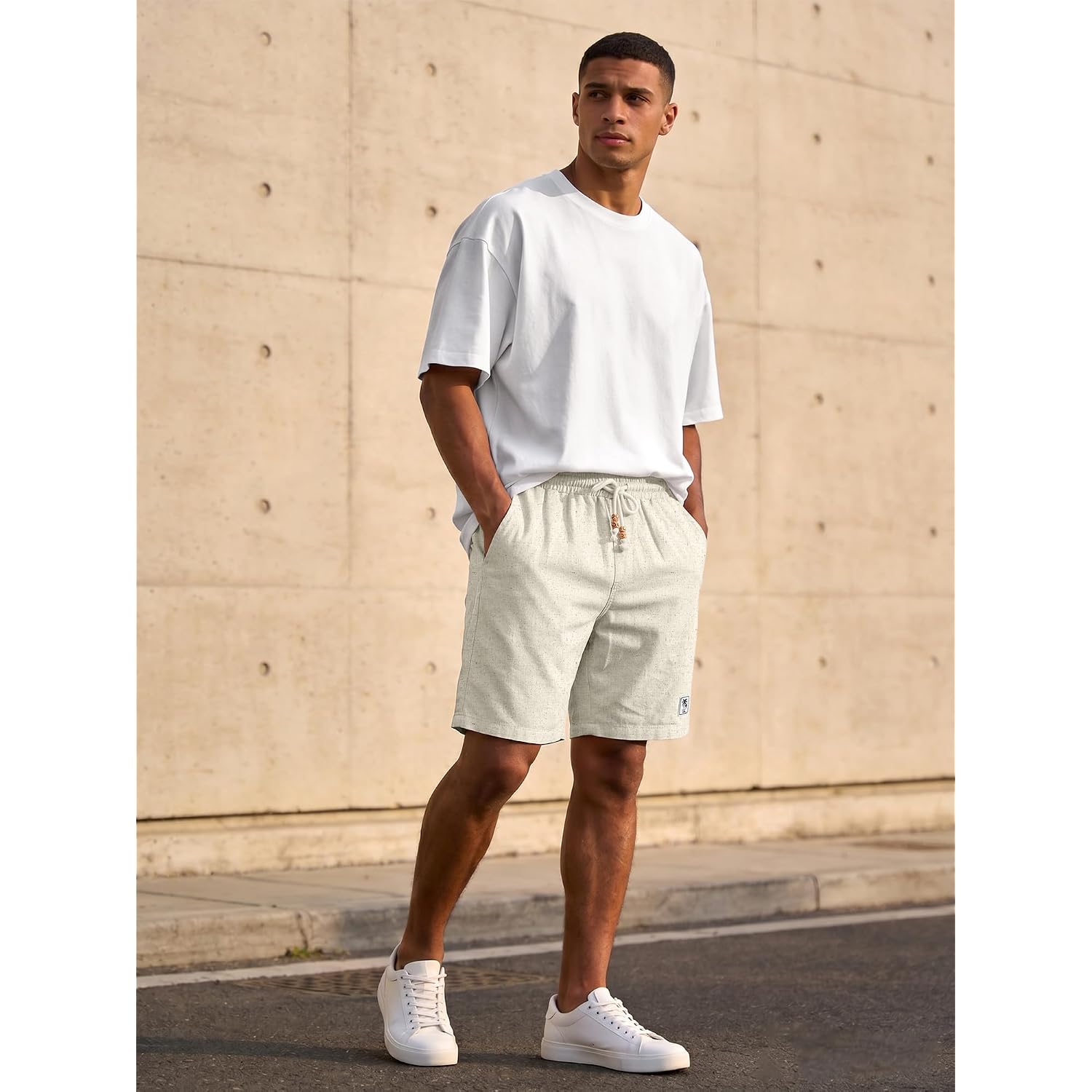 Jemldl Mens Cotton Linen Shorts 7 Inch Elastic Waist Drawstring Casual Vacation Summer Beach Golf Shorts With Pockets
