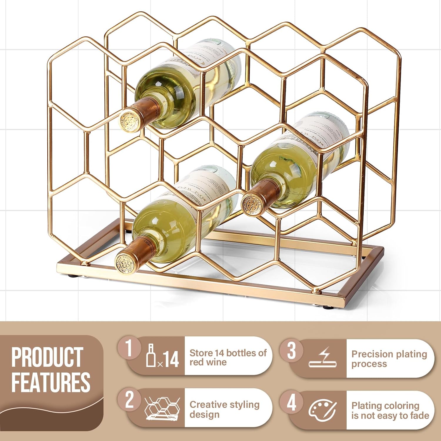 14 Bottle Countertop Wine Rack - Freestanding Modern Gold Metal Wine Rack - Tabletop Wine Holder Stand For Cabinet, Pantry, Wine Bottle Storage……