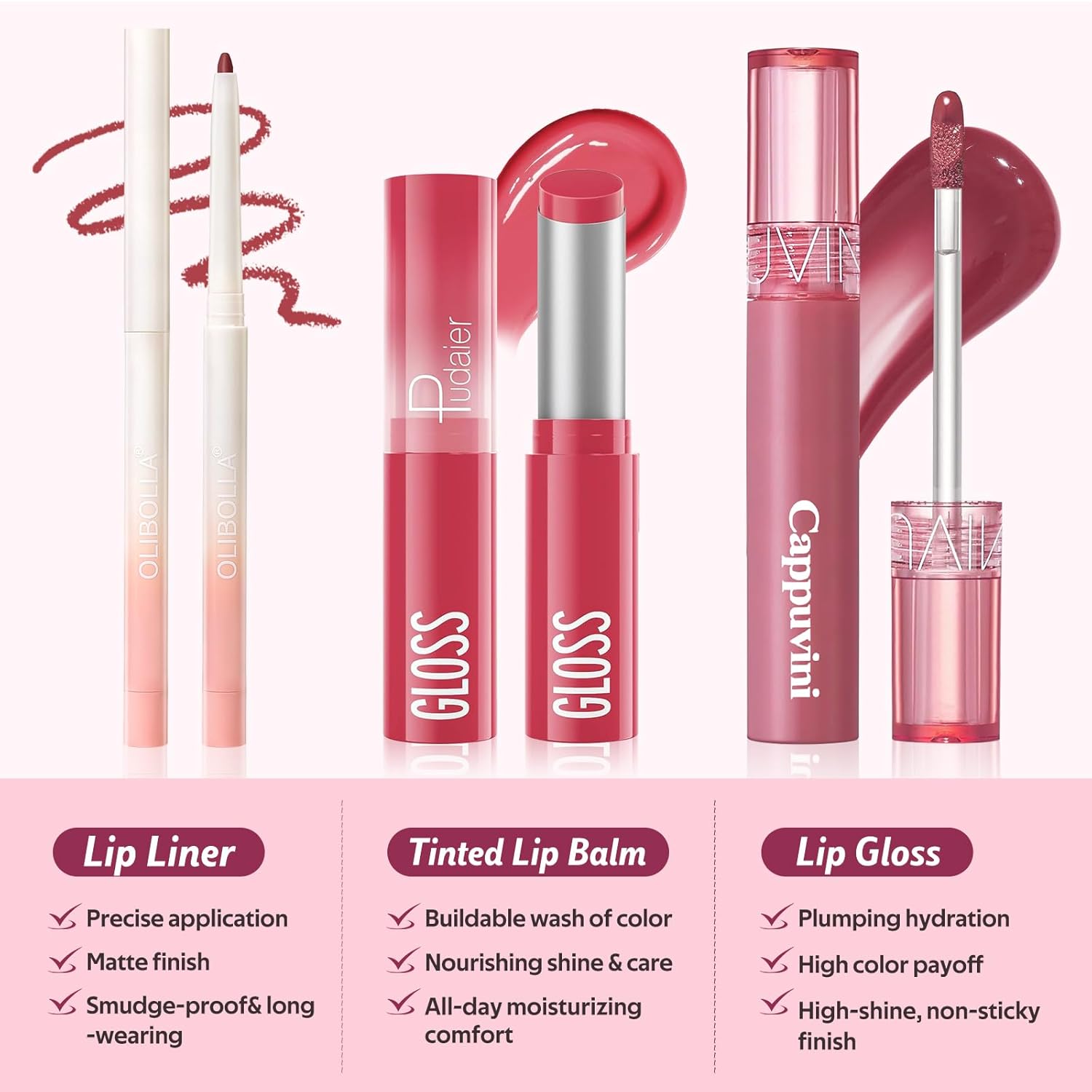 3 Pack Lip Combo Set - Matte Lip Liner Pencil + Hydrating Tinted Lip Balm + Plumping Lip Gloss, Non-Sticky, Long-Lasting, 3-in-1 Lip Makeup Kit for Plump, Hydrated & Glossy Lips (Juicy Plum Set)