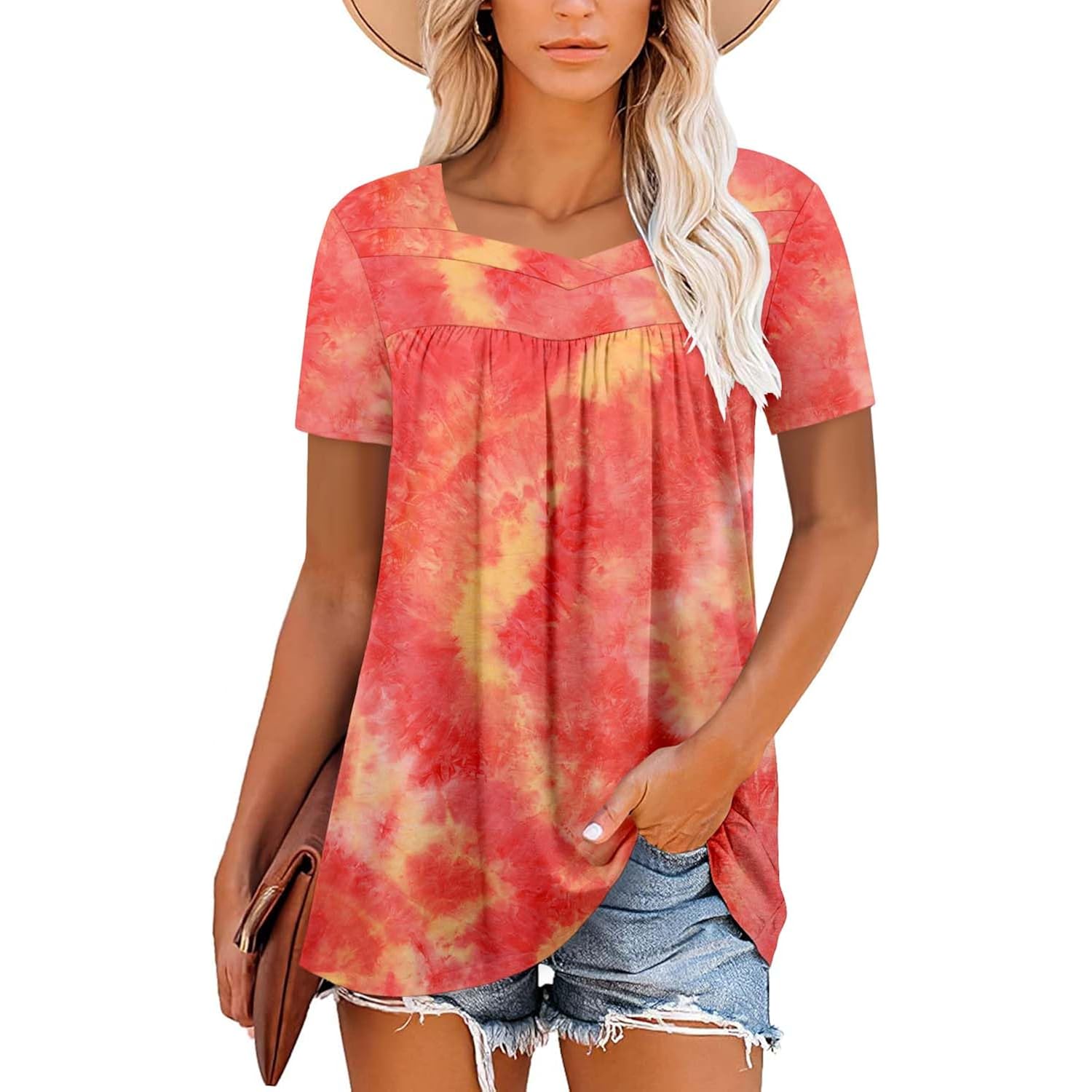 Womens Plus Size Short Sleeve Boho Tops Trendy Shirts Loose Fit Blouse Summer Tunic Top for Women S-3XL