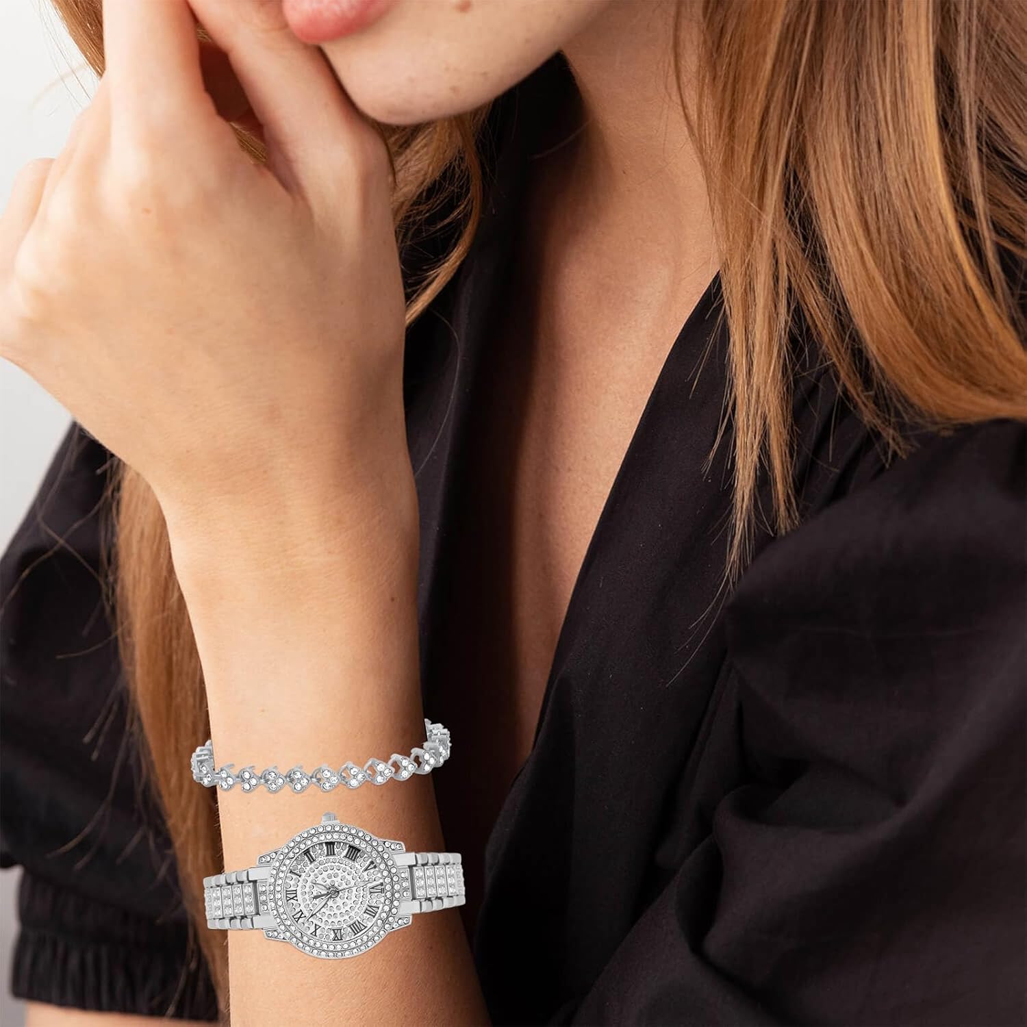 NEWITIN 2 Pieces Women Diamond Watch Bracelet Set Luxury Fashion Jewelry Cubic Zirconia Wristwatch Bracelet Gold Watch Jewelry Set for Women