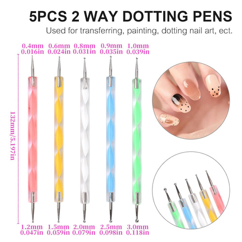 5Pcs Double-ended Nail Art Dotting Pens 10 Different Diameter Ball End Dots Painting Pen Tool 2 Way Nail Art Design Tools for Nail Decorations Art Stippling Engraving Drawing