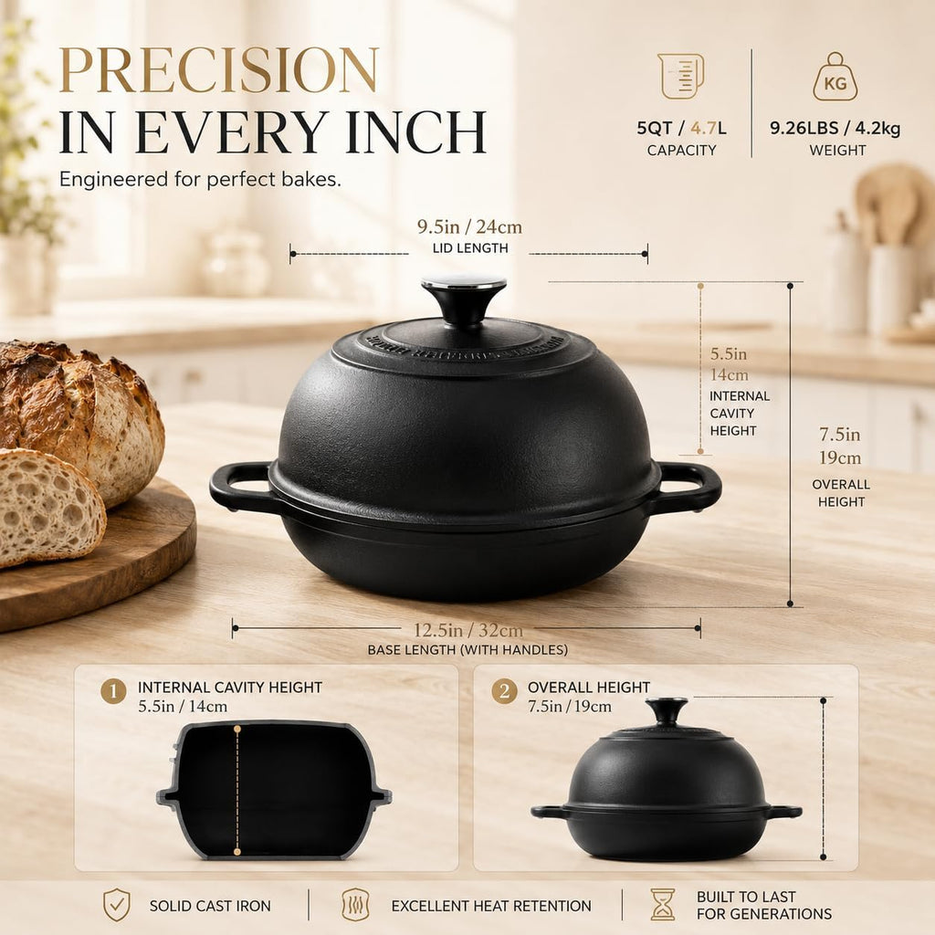 5Qt Pre-Seasoned Cast Iron Dutch Oven For Bread Baking, Dutch Oven With Domed Lid, Sourdough Bread Baking Supplies, Multi-Functional Bread Pan For Baking, Frying, Roasting