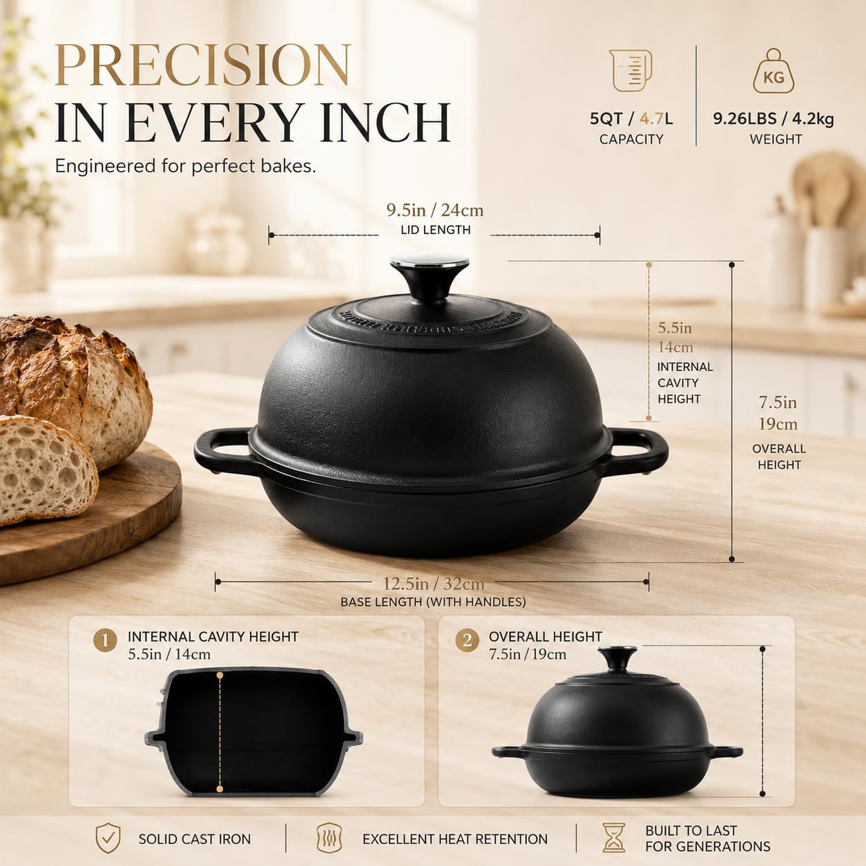 5Qt Pre-Seasoned Cast Iron Dutch Oven For Bread Baking, Dutch Oven With Domed Lid, Sourdough Bread Baking Supplies, Multi-Functional Bread Pan For Baking, Frying, Roasting
