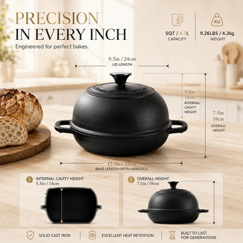 5Qt Pre-Seasoned Cast Iron Dutch Oven For Bread Baking, Dutch Oven With Domed Lid, Sourdough Bread Baking Supplies, Multi-Functional Bread Pan For Baking, Frying, Roasting
