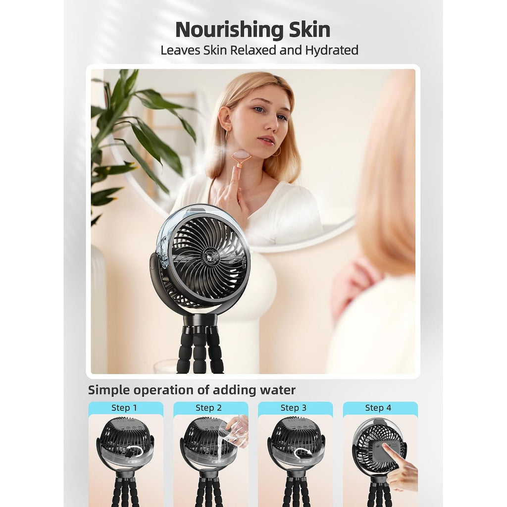 Misting Stroller Fan, 6000Mah Battery Operated Portable Fan With Light & 360° Pivoting, Personal Fans With Flexible Tripod For Baby, Office, Travel,Treadmill,Outdoors