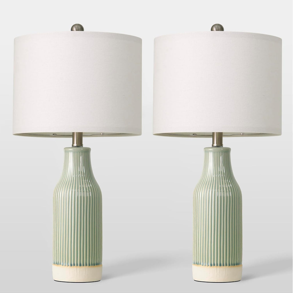 23.75" Modern Ceramic Table Lamps Set Of 2, Stylish Bedside Lamps For Bedroom, Gorgeous Lamps For Nightstand, Lamps For Living Room, Farmhouse End Table Lamps, Light Green Home Decor
