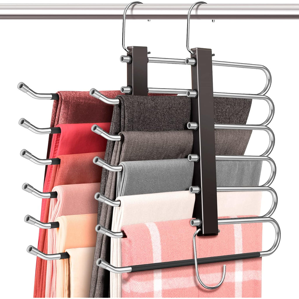 Space Saving 6 Tier Pant Hangers, Anti-Slip, Stainless Steel, 2 Pack, Black
