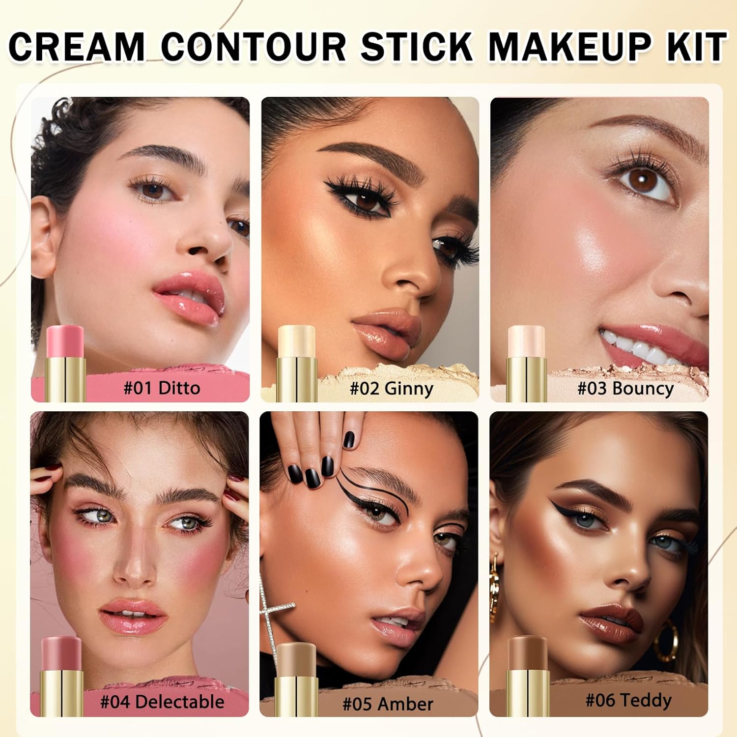IONSGAKO 6 Colors Cream Contour Stick Makeup Kit, Double-ended Cream Highlighter Stick Bronzer and Blush Stick for Sculpt the Cheeks, Matte & Dewy Finish, Face Contour Kit for Beginners, Set A