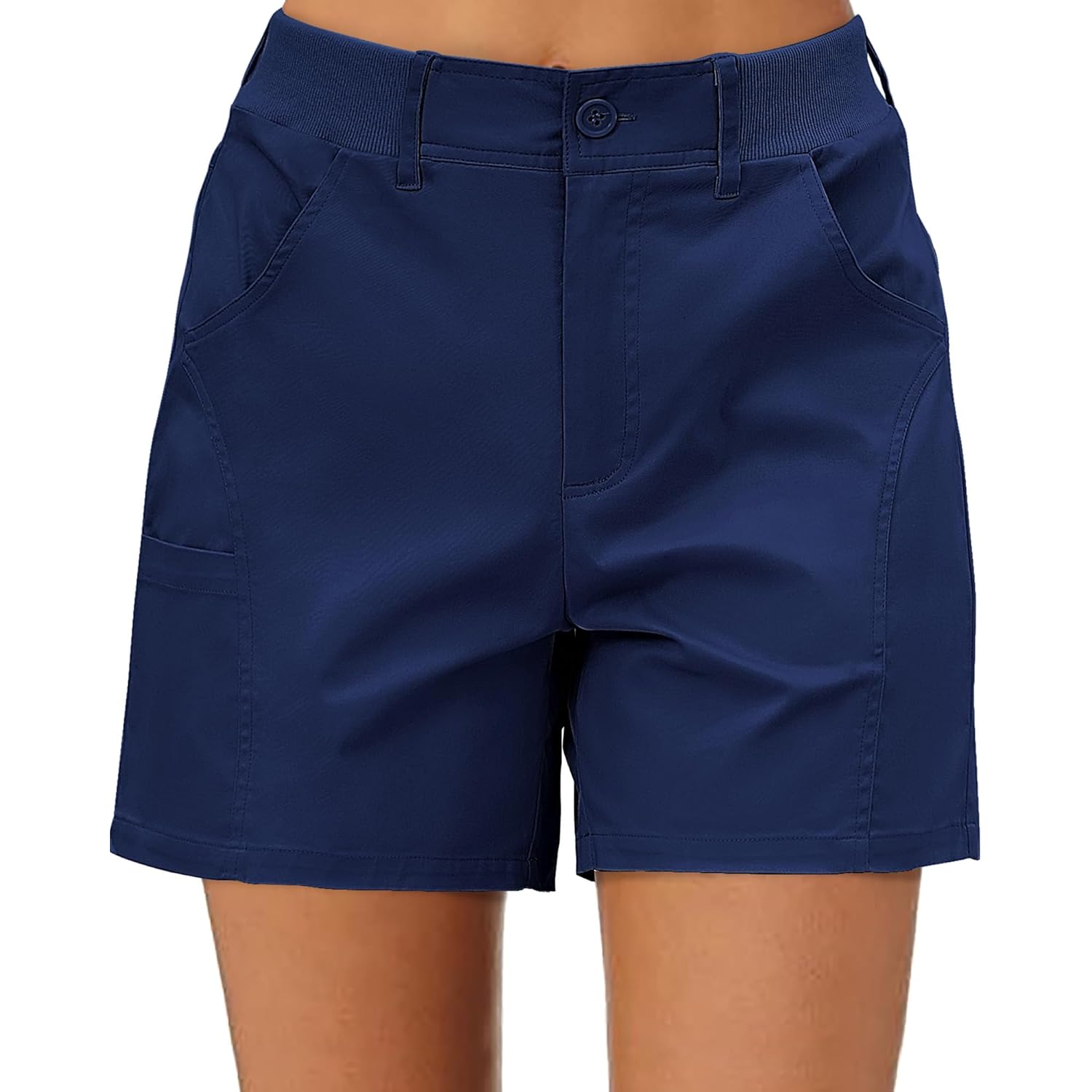 Shorts for Women Trendy Casual Summer High Waisted Chino Shorts Ribbed Elastic Waist Comfy Shorts with Pockets