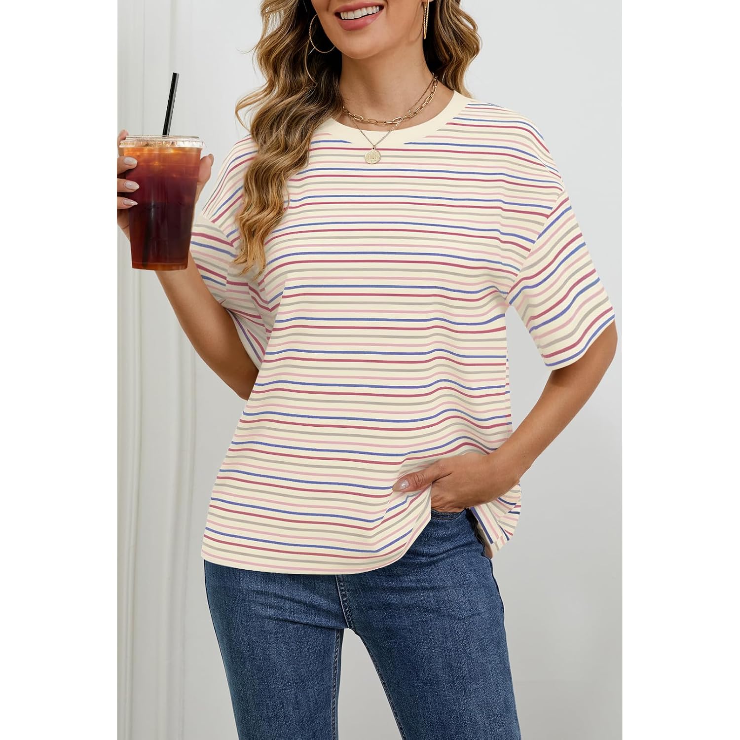 MEROKEETY Women's 2026 Summer Short Sleeve Tops Casual Colourful Striped Crewneck Loose Work T Shirts Blouses
