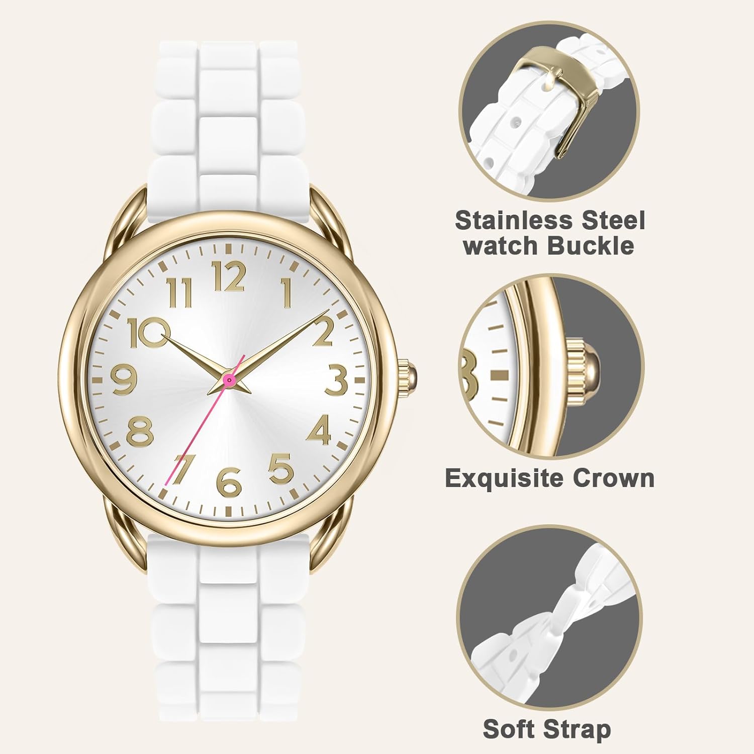 Asan Ge Analog Watch for Women Large Numerals Face Easy Time Reading Silicone Strap Casual Watch Water Resistant 100 feet