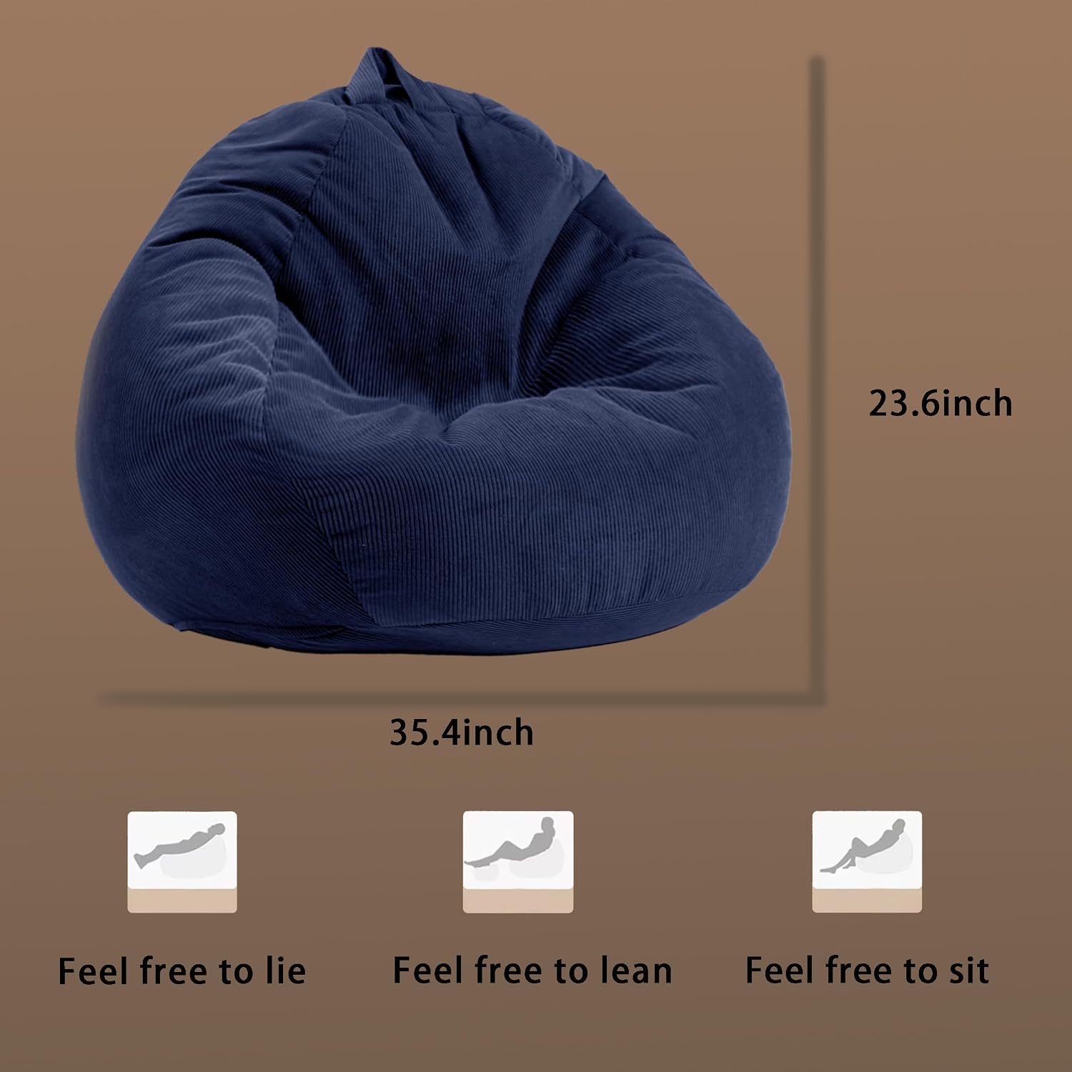Enbaohui 3Ft Memory Foam Bean Bag Chairs For Teens Or Kids With Filling Bean Bag Sofa With Handle Super Soft Corduroy Fabric Lazy Sofa 3 Foot Navy Blue