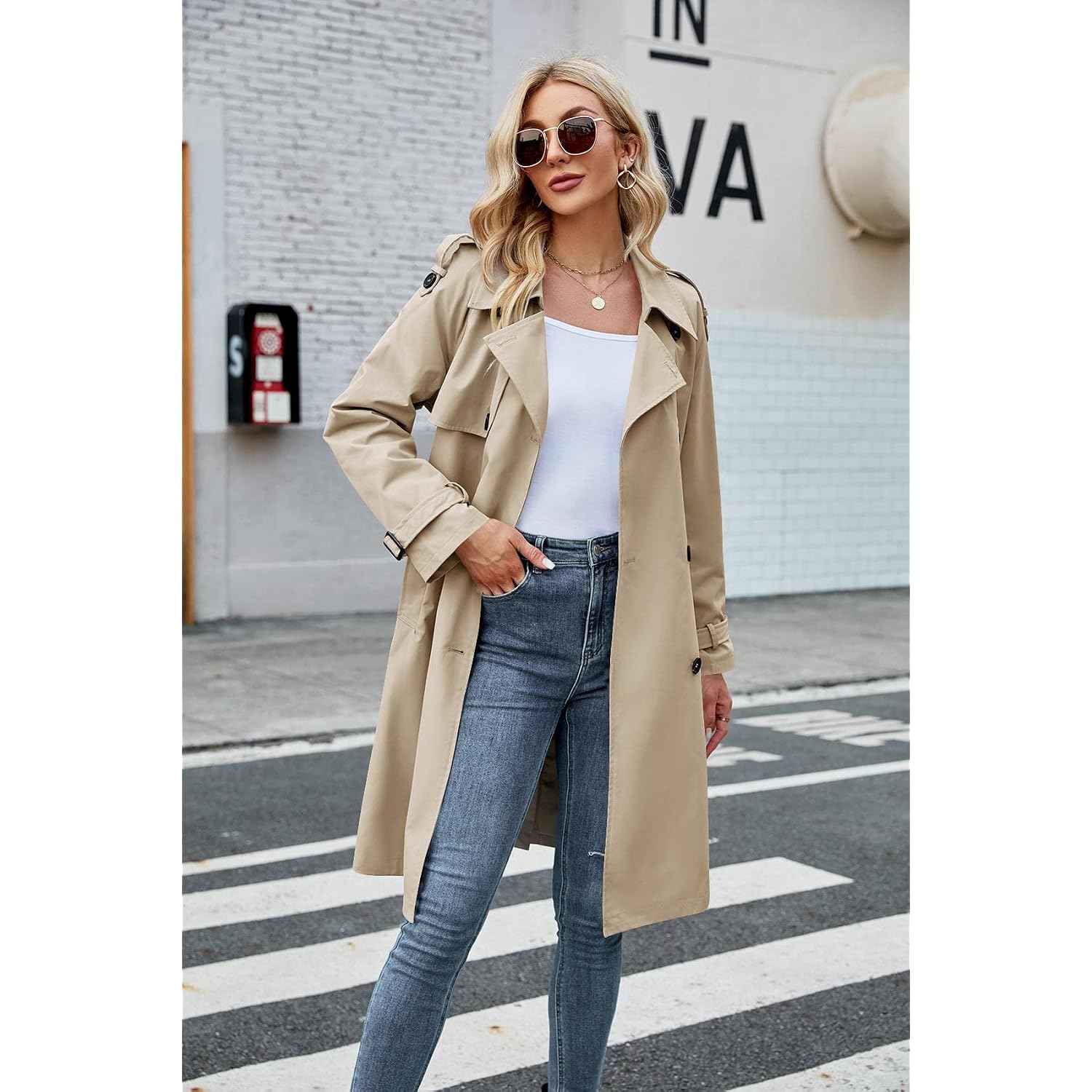 Women'S Double Breasted Long Trench Coat Windproof Classic Lapel Slim Overcoat With Belt