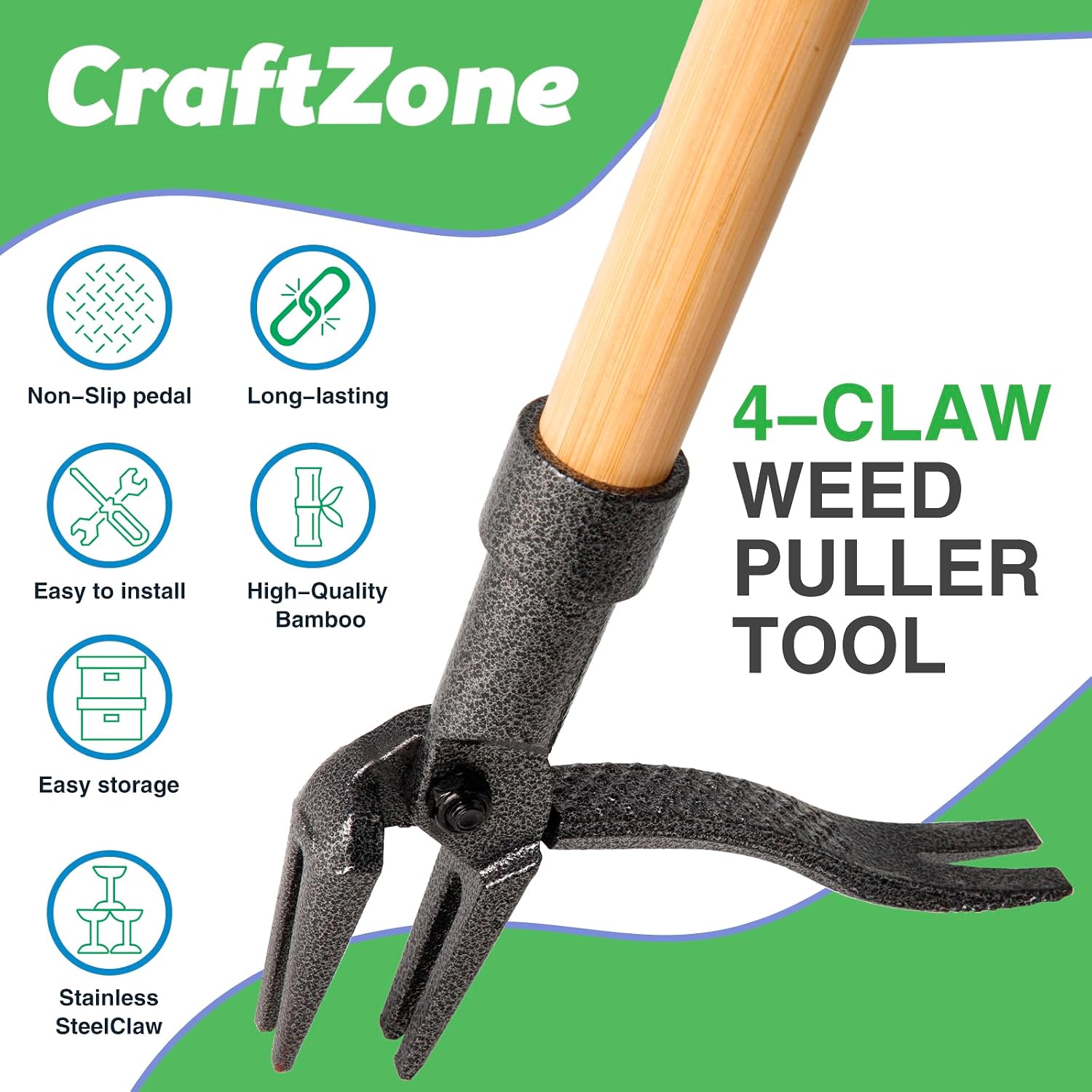 Weed Puller Stand Up Weed Puller Tool With Wooden Long Handle Foot Platform Design 4-Claw Steel Head & Removable 3-Section Pole Garden Tools-Easily Remove Weeds Without Bending Or Kneeling
