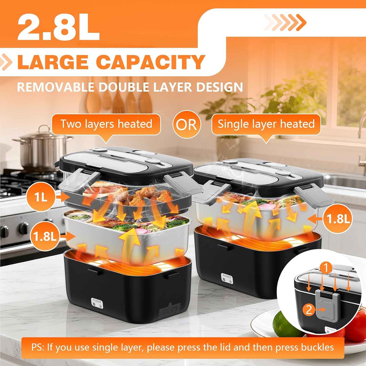 Electric Lunch Box For Adults, 2.8L Double Layer 100W Fast Heated Lunch Box, Heating Food Heater Warmer For Home Office Car Truck Use, Extra Large Lonchera Electrica Portátil 12/24V/110-230V, Black