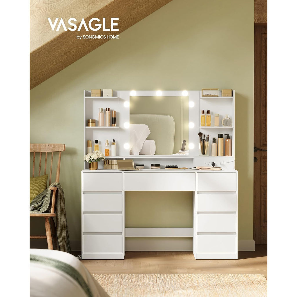 Vasagle Kailyn Collection - Vanity Desk With Mirror And 9 Led Bulbs, Modern Vanity Makeup Table With Power Outlets, Dressing Table With 9 Drawers, For Bedroom, Cloud White Urdt141Wb01S