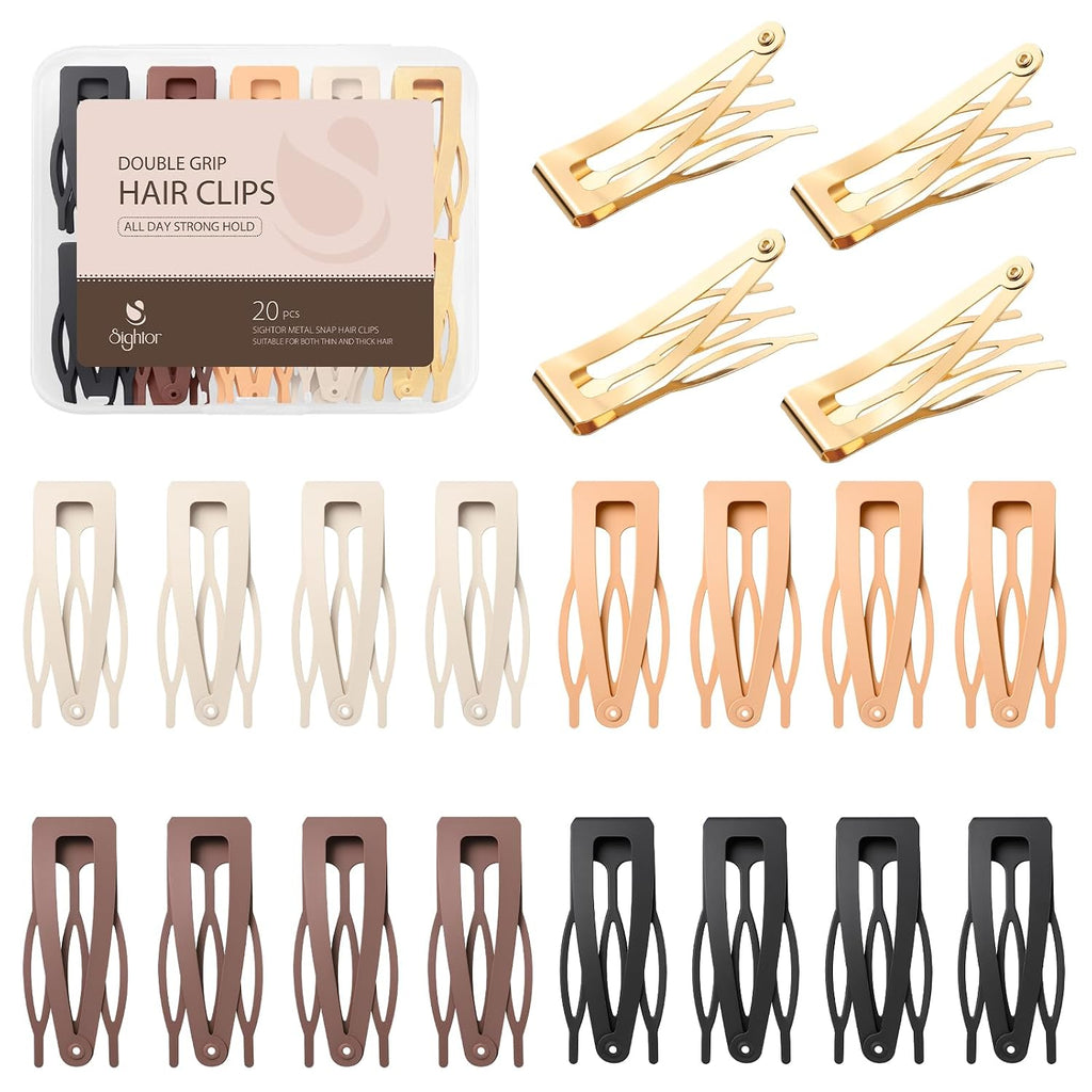 Sightor 20 Pcs Double Grip Hair Clips, Metal Snap Hair Clips Hair Barrettes For Women Hair Styling Hair Accessories (Black, Brown, Beige, Khaki, Gold)