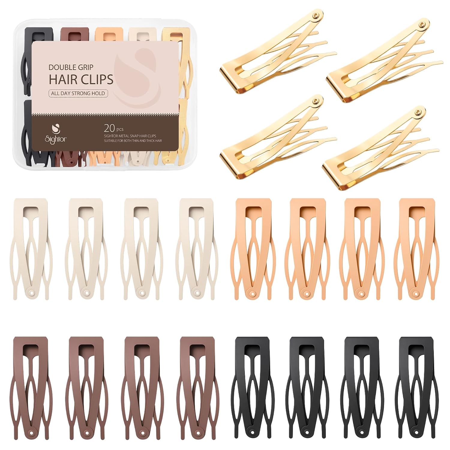 Sightor 20 Pcs Double Grip Hair Clips, Metal Snap Hair Clips Hair Barrettes For Women Hair Styling Hair Accessories (Black, Brown, Beige, Khaki, Gold)