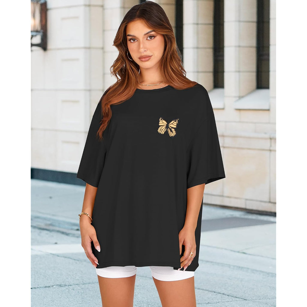 Womens Oversized Tshirt Graphic Tees Crew Neck Summer Short Sleeve Loose Fit Tops 2026 A-butterfly Print Black